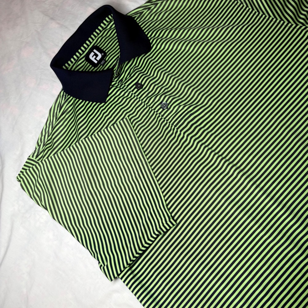FootJoy Mens Striped Golf Polo Shirt Lime Green Navy Blue Short Sleeve Size M